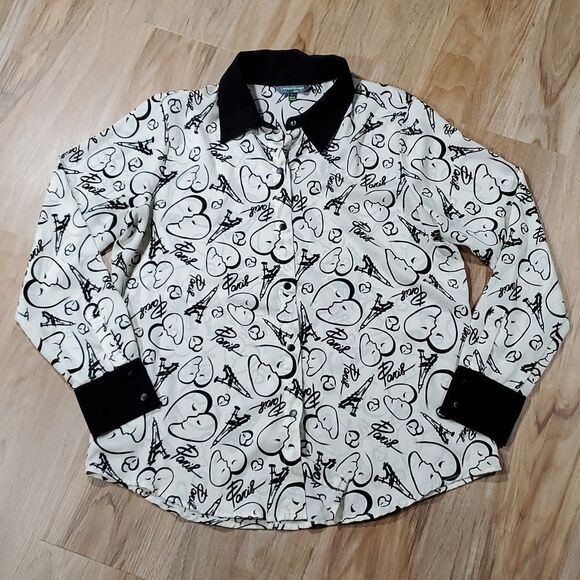 🔹️Catherine Malandrino Cream & Black Parisian Theme Button Blouse Large - Picture 2 of 10